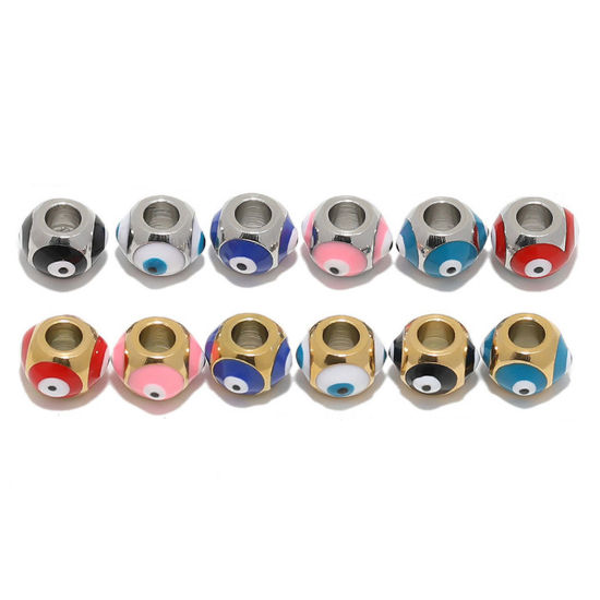 Image de Perles Religieux en 304 Acier Inoxydable Rond Multicolore Œil Mauvais Émail 8mm x 6mm, Trou: env. 3.2mm, 2 Pcs