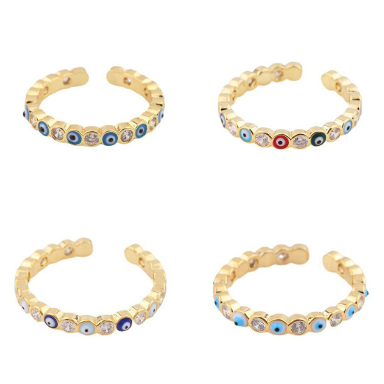 Immagine di Ecologico Retrò Elegante 14k Vero Oro Placcato Rame & Zircone Cubico Aperto Regolabile Tondo Malocchio Smalto Anello Per Donne 1 Pz