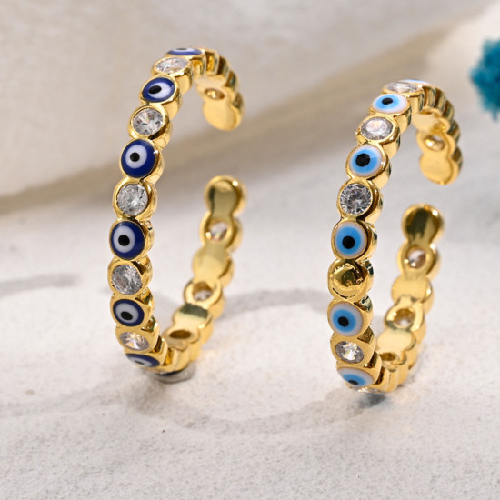 Immagine di Ecologico Retrò Elegante 14k Vero Oro Placcato Rame & Zircone Cubico Aperto Regolabile Tondo Malocchio Smalto Anello Per Donne 1 Pz