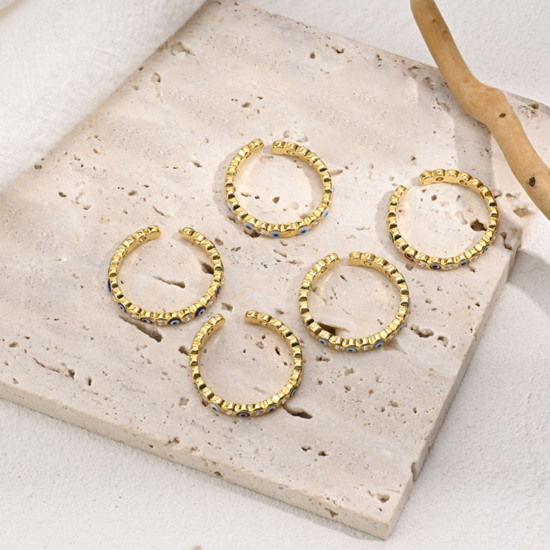 Immagine di Ecologico Retrò Elegante 14k Vero Oro Placcato Rame & Zircone Cubico Aperto Regolabile Tondo Malocchio Smalto Anello Per Donne 1 Pz