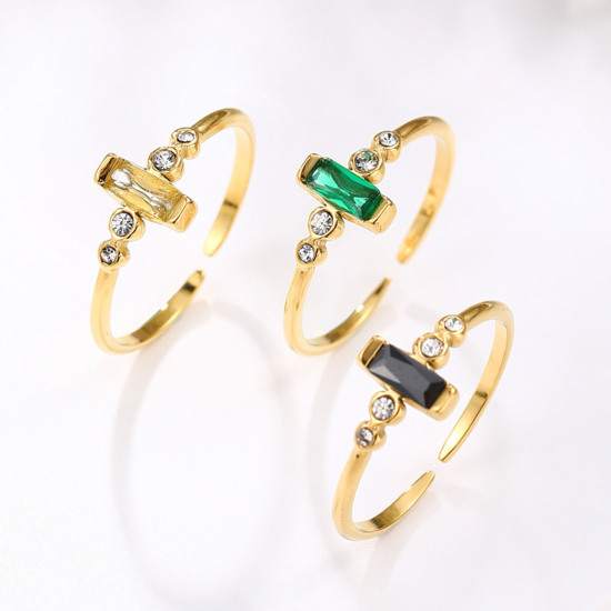 Image de Respectueux de la Nature Exquis Bagues Ouvert Ajoustable Pierres de Naissance en 304 Acier Inoxydable & Zircon Plaqué Or Véritable 14K Rectangle Pour Femmes 1 Pièce