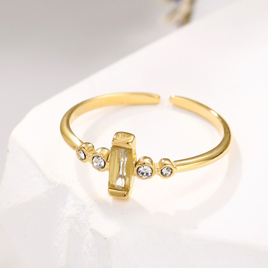 Image de Respectueux de la Nature Exquis Bagues Ouvert Ajoustable Pierres de Naissance en 304 Acier Inoxydable & Zircon Plaqué Or Véritable 14K Rectangle Pour Femmes 1 Pièce