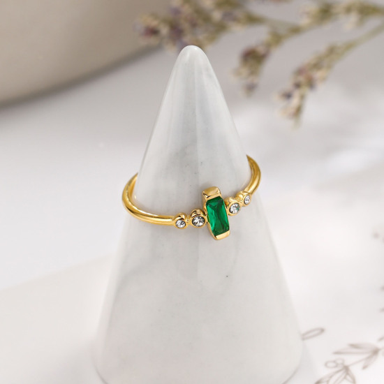 Image de Respectueux de la Nature Exquis Bagues Ouvert Ajoustable Pierres de Naissance en 304 Acier Inoxydable & Zircon Plaqué Or Véritable 14K Rectangle Pour Femmes 1 Pièce