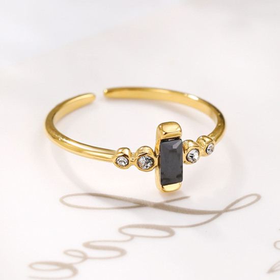 Image de Respectueux de la Nature Exquis Bagues Ouvert Ajoustable Pierres de Naissance en 304 Acier Inoxydable & Zircon Plaqué Or Véritable 14K Rectangle Pour Femmes 1 Pièce
