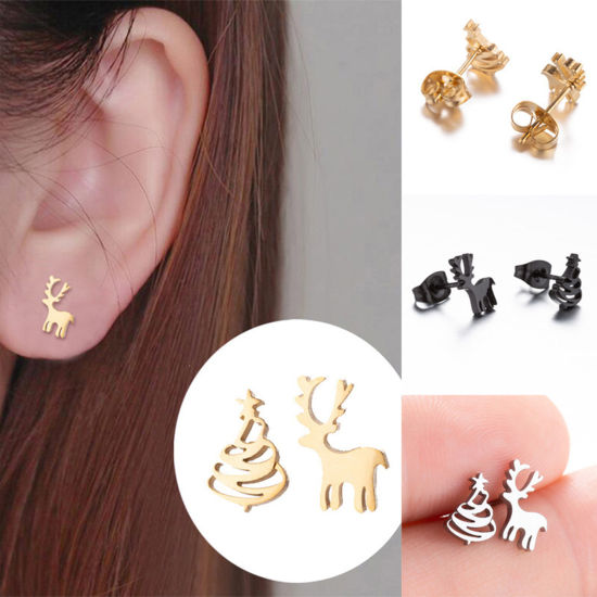 Picture of 304 Stainless Steel Asymmetric Earrings Multicolor Christmas Tree Christmas Reindeer Hollow 8mm Dia.