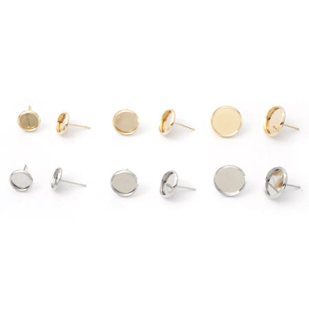 Brass Ear Post Stud Earrings Real Gold Plated Round Cabochon Settings