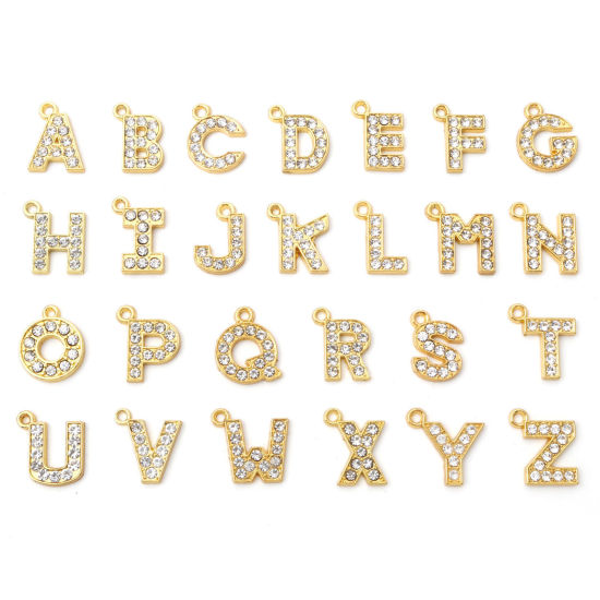 Imagen de Zamak Micro Pave Colgantes Charms Letras Chapado en Oro Mensaje " A-Z " Transparente Rhinestone 10 Unidades
