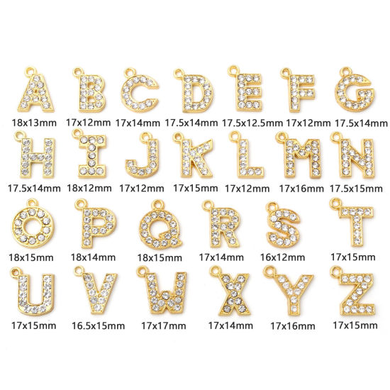Imagen de Zamak Micro Pave Colgantes Charms Letras Chapado en Oro Mensaje " A-Z " Transparente Rhinestone 10 Unidades