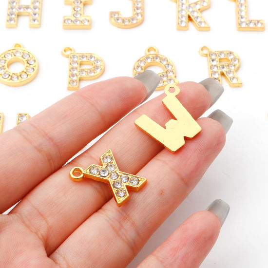 Imagen de Zamak Micro Pave Colgantes Charms Letras Chapado en Oro Mensaje " A-Z " Transparente Rhinestone 10 Unidades