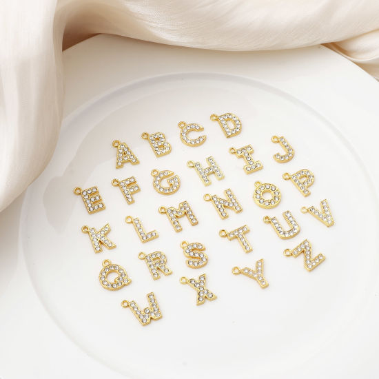 Imagen de Zamak Micro Pave Colgantes Charms Letras Chapado en Oro Mensaje " A-Z " Transparente Rhinestone 10 Unidades
