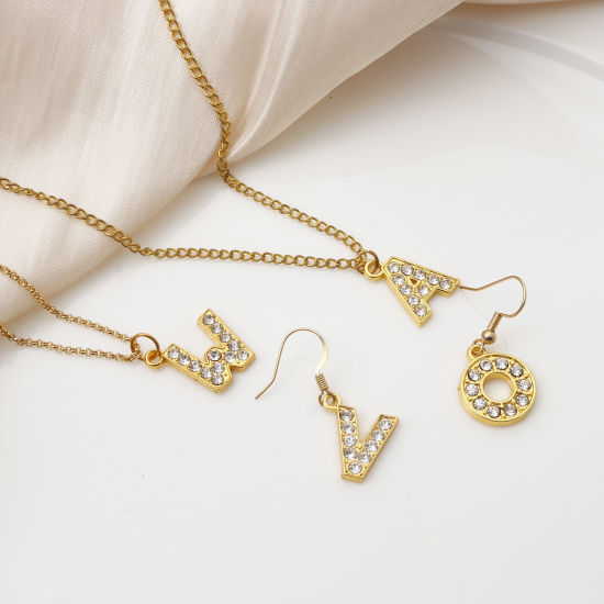 Imagen de Zamak Micro Pave Colgantes Charms Letras Chapado en Oro Mensaje " A-Z " Transparente Rhinestone 10 Unidades