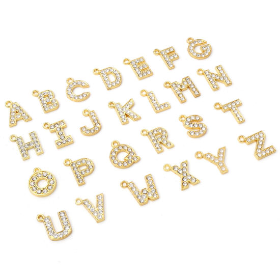 Imagen de Zamak Micro Pave Colgantes Charms Letras Chapado en Oro Mensaje " A-Z " Transparente Rhinestone 10 Unidades