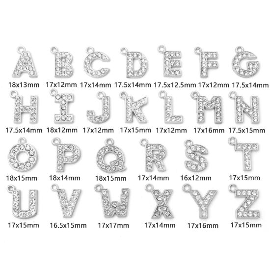Immagine di Lega di Zinco Micro Intarsio Charms Lettera Tono Argento Lettere " A-Z " Trasparente Strass 10 Pz