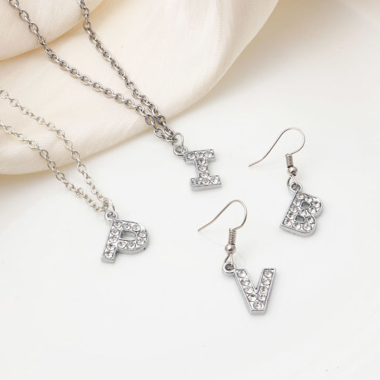 Immagine di Lega di Zinco Micro Intarsio Charms Lettera Tono Argento Lettere " A-Z " Trasparente Strass 10 Pz