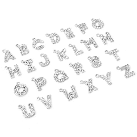 Immagine di Lega di Zinco Micro Intarsio Charms Lettera Tono Argento Lettere " A-Z " Trasparente Strass 10 Pz