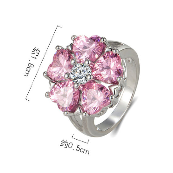 Bild von Messing Romantisch Uneinstellbar Ring Blumen Herz Platin Plattiert Rosa Kubischer Zirkon 1 Stück                                                                                                                                                              