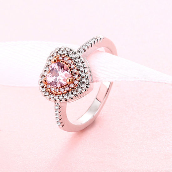 Picture of Brass Wedding Unadjustable Rings Heart Platinum Plated Clear Rhinestone Pink Cubic Zirconia                                                                                                                                                                   