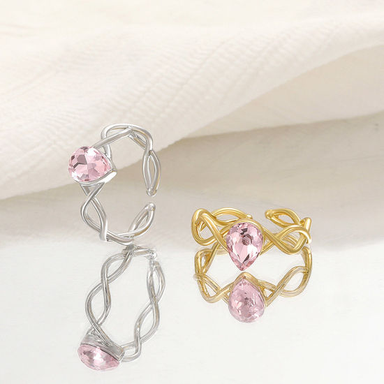 Picture of Brass Wedding Open Adjustable Rings Braided Drop Multicolor Pink Cubic Zirconia                                                                                                                                                                               