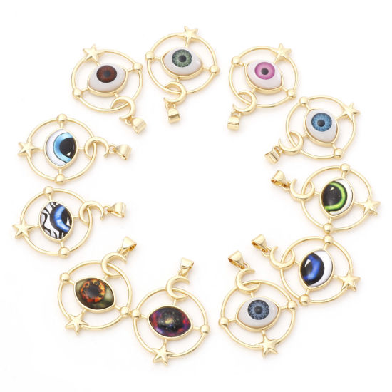 Image de Pendentifs Religieux en Laiton Doré Multicolore Rond Œil Mauvais 3.8cm x 2.6cm, 1 Pièce