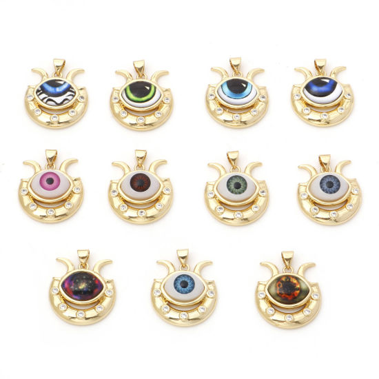 Image de 1 Pièce Pendentif Breloque Religieux en Laiton Forme de U Doré Multicolore Œil Mauvais à Zircone Cubique Clair 27mm x 22mm