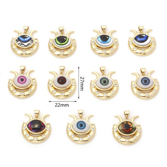 Image de 1 Pièce Pendentif Breloque Religieux en Laiton Forme de U Doré Multicolore Œil Mauvais à Zircone Cubique Clair 27mm x 22mm