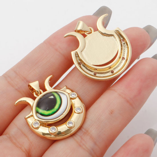 Image de 1 Pièce Pendentif Breloque Religieux en Laiton Forme de U Doré Multicolore Œil Mauvais à Zircone Cubique Clair 27mm x 22mm