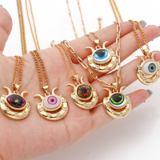 Image de 1 Pièce Pendentif Breloque Religieux en Laiton Forme de U Doré Multicolore Œil Mauvais à Zircone Cubique Clair 27mm x 22mm