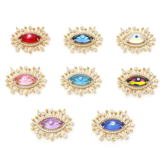 Image de Connecteurs Religieux en Laiton+Verre Doré Multicolore œil Œil Mauvais à Zircone Cubique Clair 28mm x 22mm, 1 Pièce