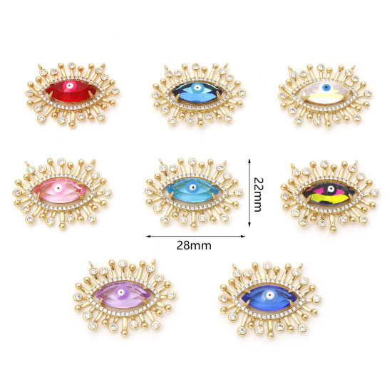 Image de Connecteurs Religieux en Laiton+Verre Doré Multicolore œil Œil Mauvais à Zircone Cubique Clair 28mm x 22mm, 1 Pièce