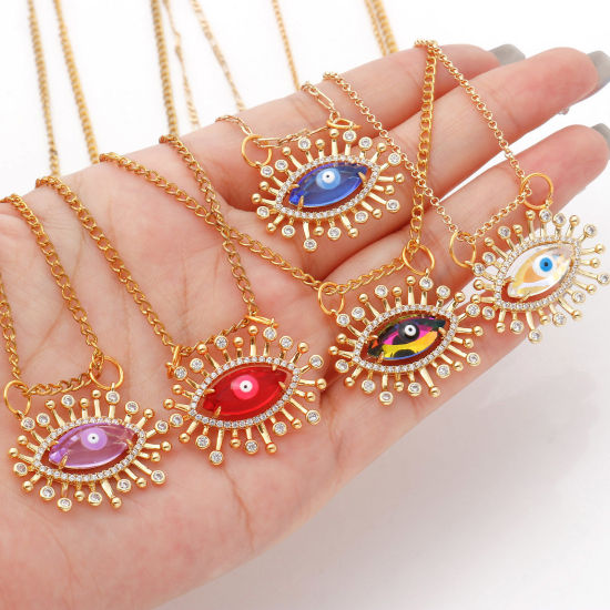 Image de Connecteurs Religieux en Laiton+Verre Doré Multicolore œil Œil Mauvais à Zircone Cubique Clair 28mm x 22mm, 1 Pièce
