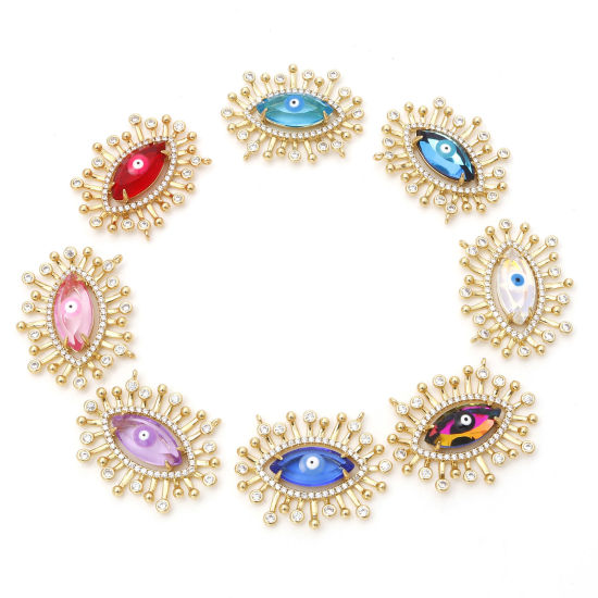 Image de Connecteurs Religieux en Laiton+Verre Doré Multicolore œil Œil Mauvais à Zircone Cubique Clair 28mm x 22mm, 1 Pièce