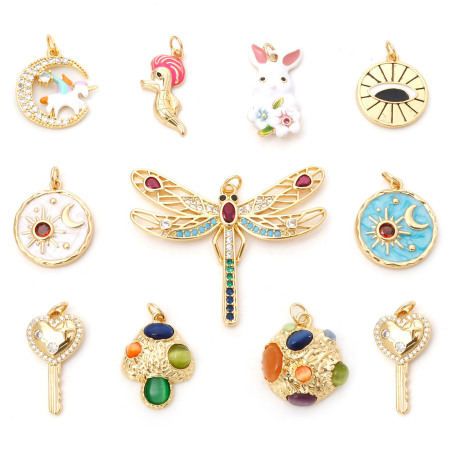 Picture of Brass Charms Gold Plated Dragonfly Animal Sun & Moon Multicolour Cubic Zirconia