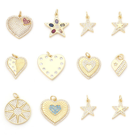 Brass Charms Gold Plated Heart Star Micro Pave Multicolour Cubic Zirconia