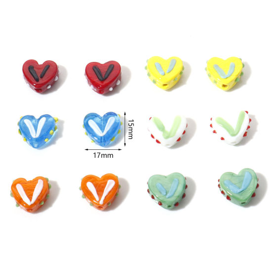 Picture of Lampwork Glass Valentine's Day Beads Heart Multicolor Dot About 17mm x 15mm