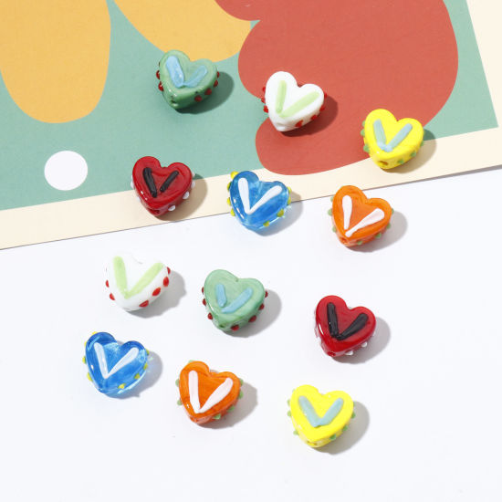 Picture of Lampwork Glass Valentine's Day Beads Heart Multicolor Dot About 17mm x 15mm