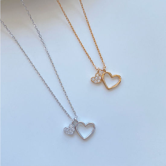 Picture of Brass Valentine's Day Pendant Necklace Heart Multicolor Hollow Clear Rhinestone 40cm(15 6/8") long                                                                                                                                                            