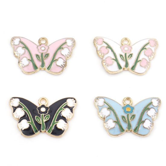 Imagen de Zamak Insecto Colgantes Charms Mariposa Chapado en Oro Multicolor Flor de Tulipán Esmalte 28mm x 18mm, 10 Unidades