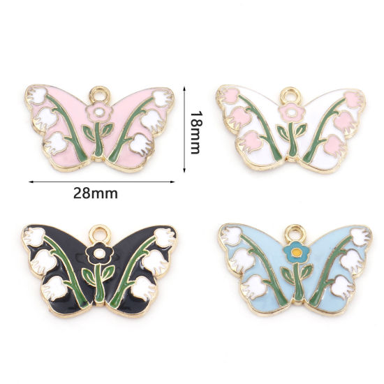Imagen de Zamak Insecto Colgantes Charms Mariposa Chapado en Oro Multicolor Flor de Tulipán Esmalte 28mm x 18mm, 10 Unidades