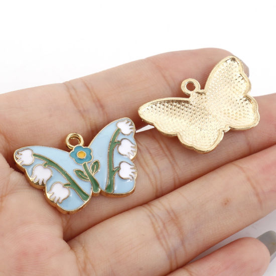 Imagen de Zamak Insecto Colgantes Charms Mariposa Chapado en Oro Multicolor Flor de Tulipán Esmalte 28mm x 18mm, 10 Unidades