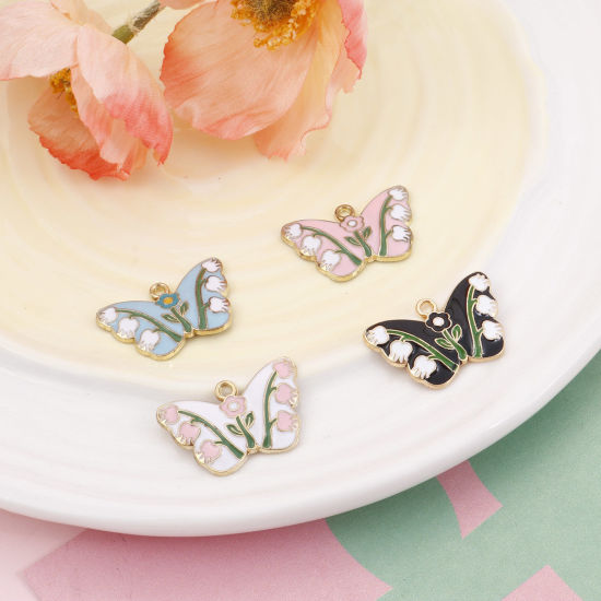 Imagen de Zamak Insecto Colgantes Charms Mariposa Chapado en Oro Multicolor Flor de Tulipán Esmalte 28mm x 18mm, 10 Unidades