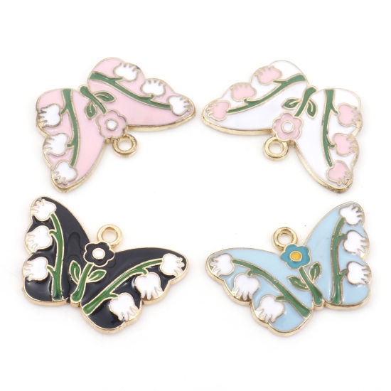 Imagen de Zamak Insecto Colgantes Charms Mariposa Chapado en Oro Multicolor Flor de Tulipán Esmalte 28mm x 18mm, 10 Unidades