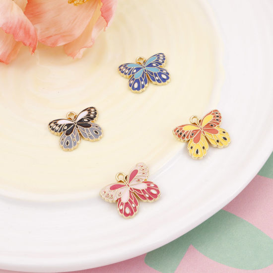 Bild von Zinklegierung Insekt Charms Schmetterling Vergoldet Bunt Emaille 22mm x 18mm, 10 Stück