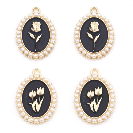 Picture of Zinc Based Alloy Valentine's Day Charms Gold Plated Black Oval Flower Imitation Pearl 28mm x 20mm