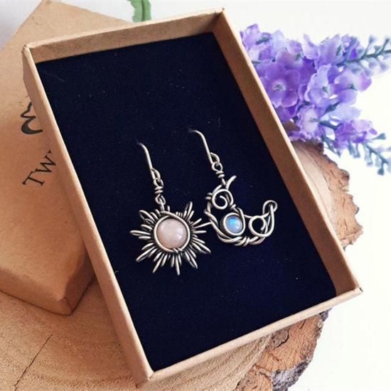 Bild von Böhmischer Stil Asymmetrische Ohrringe Antiksilber Bunt Sonne Mond Imitation Mondstein 1 Paar