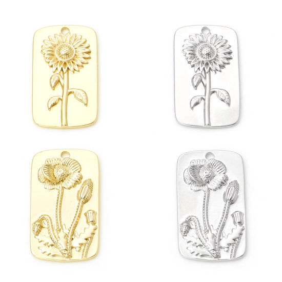 Immagine di Ottone Charms Rettangolo Vero Oro Placcato Fiore 28mm x 16mm, 2 Pz