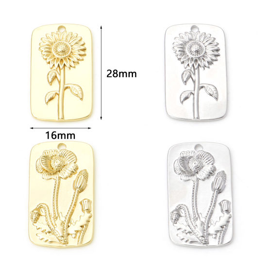 Immagine di Ottone Charms Rettangolo Vero Oro Placcato Fiore 28mm x 16mm, 2 Pz