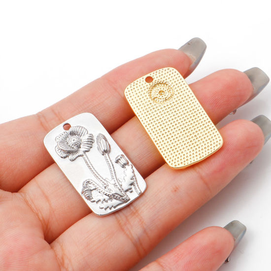 Immagine di Ottone Charms Rettangolo Vero Oro Placcato Fiore 28mm x 16mm, 2 Pz