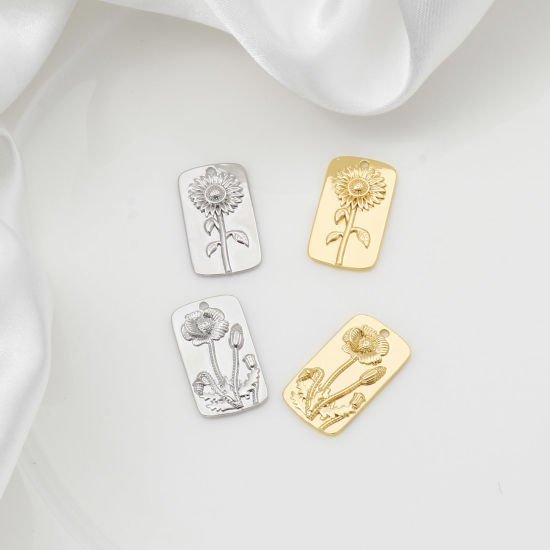 Immagine di Ottone Charms Rettangolo Vero Oro Placcato Fiore 28mm x 16mm, 2 Pz