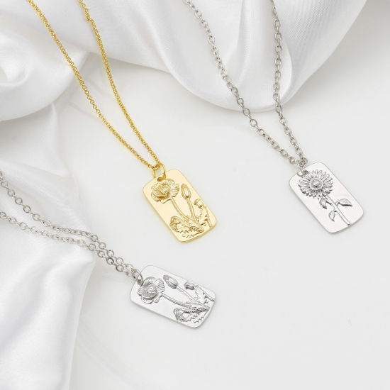 Immagine di Ottone Charms Rettangolo Vero Oro Placcato Fiore 28mm x 16mm, 2 Pz