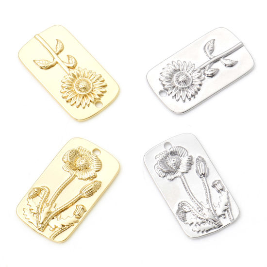 Immagine di Ottone Charms Rettangolo Vero Oro Placcato Fiore 28mm x 16mm, 2 Pz